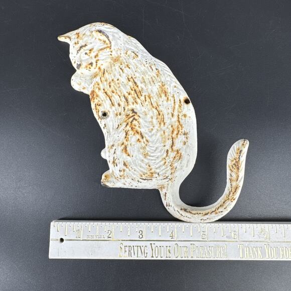 Vintage Cast Iron Cat Wall Hook Key Coat Hanger Rustic White Rusty Patina - Picture 3 of 12